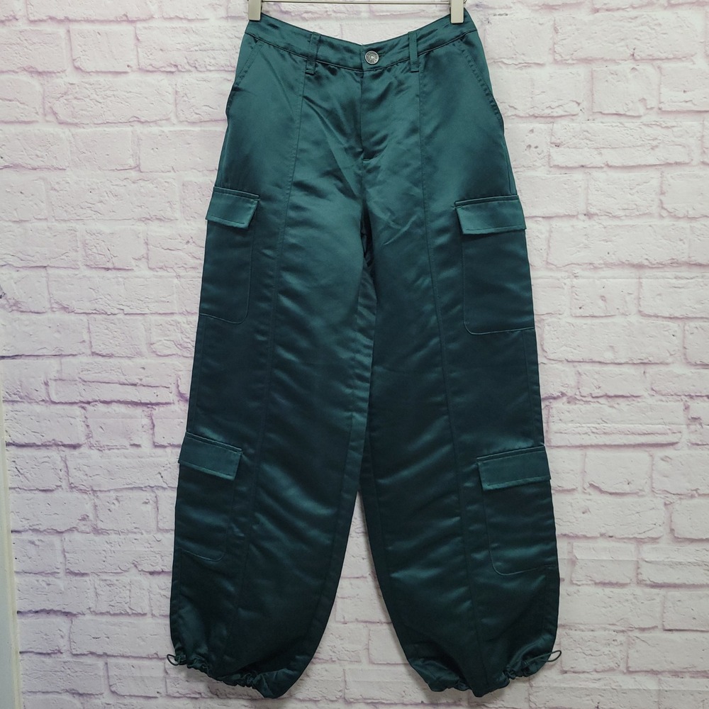 Madden NYC Green Satin Cargo Pants Women S Drawstring Hem Parachute Streetwear